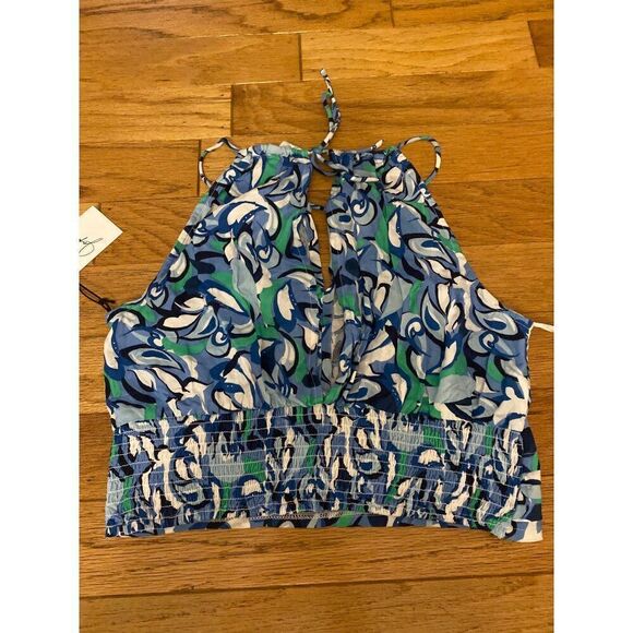 NWT Japna Womens Sleeveless abstract print blue cropped pleated Halter Top Large - Picture 7 of 7